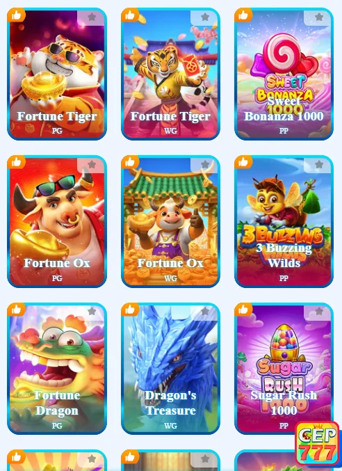 Interface do app cep777 com jogos e bônus atraentes.